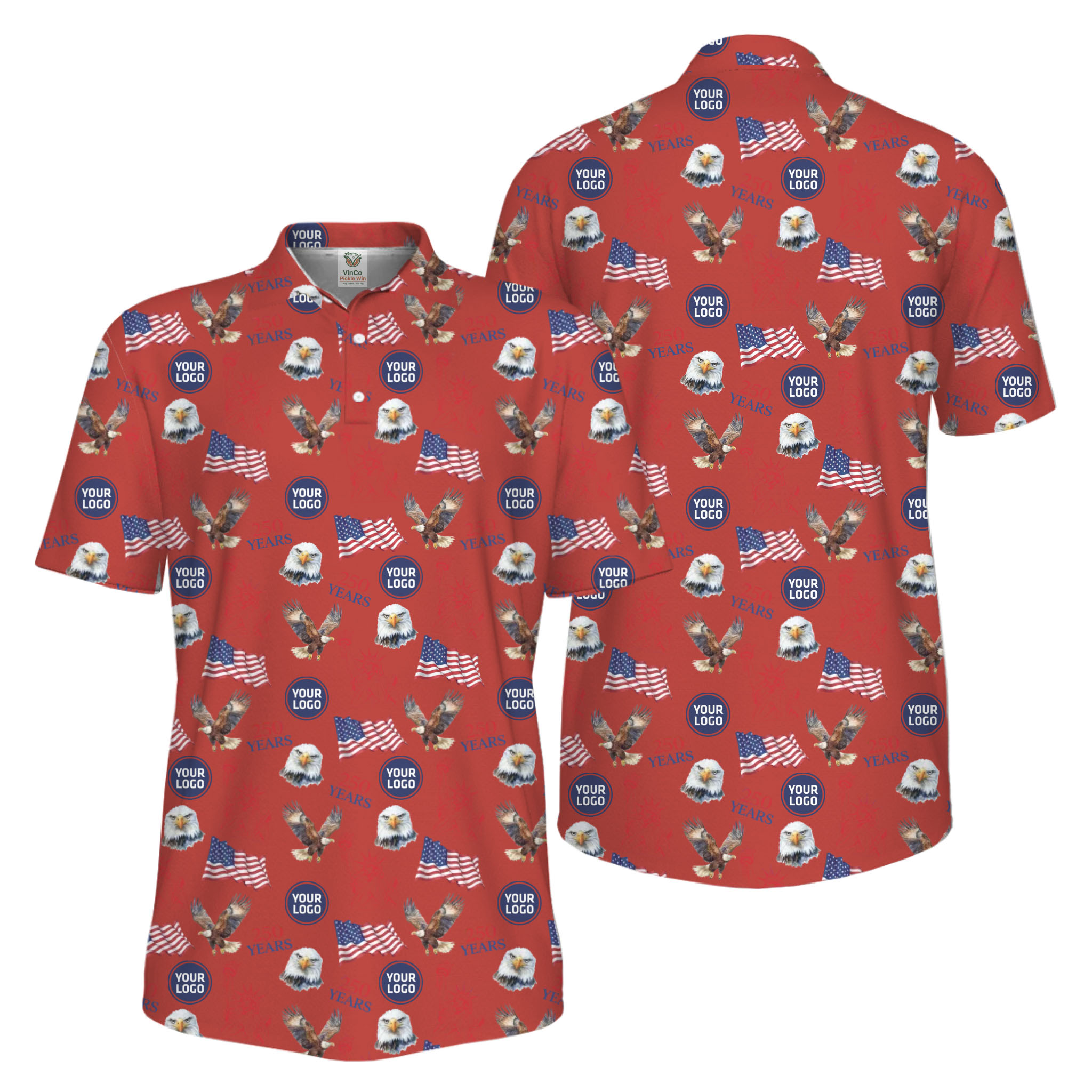 Picklewin Patriotic Custom Small Logos Pickleball Men Polo Shirt 250 Years Of USA