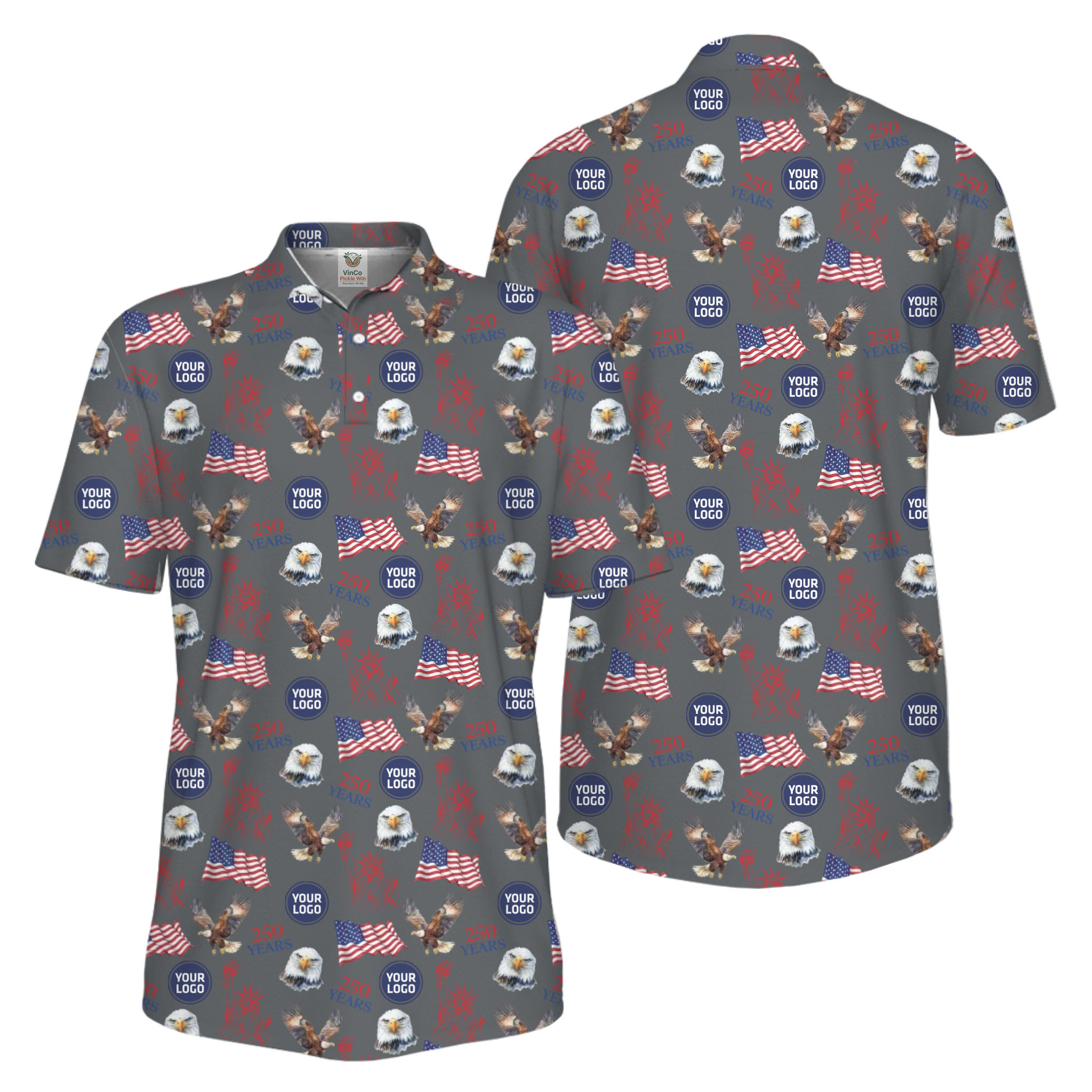 Picklewin Patriotic Custom Small Logos Pickleball Men Polo Shirt 250 Years Of USA