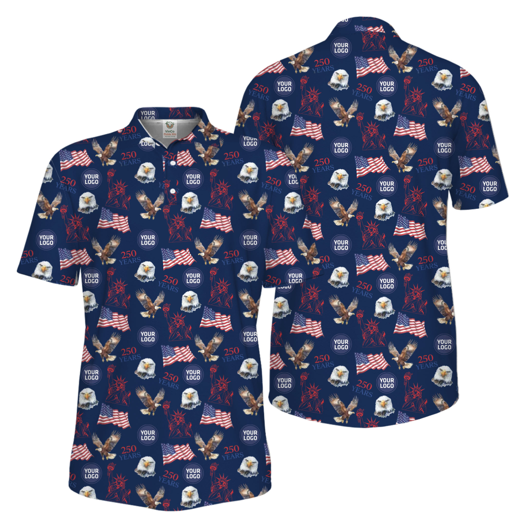 Picklewin Patriotic Custom Small Logos Pickleball Men Polo Shirt 250 Years Of USA