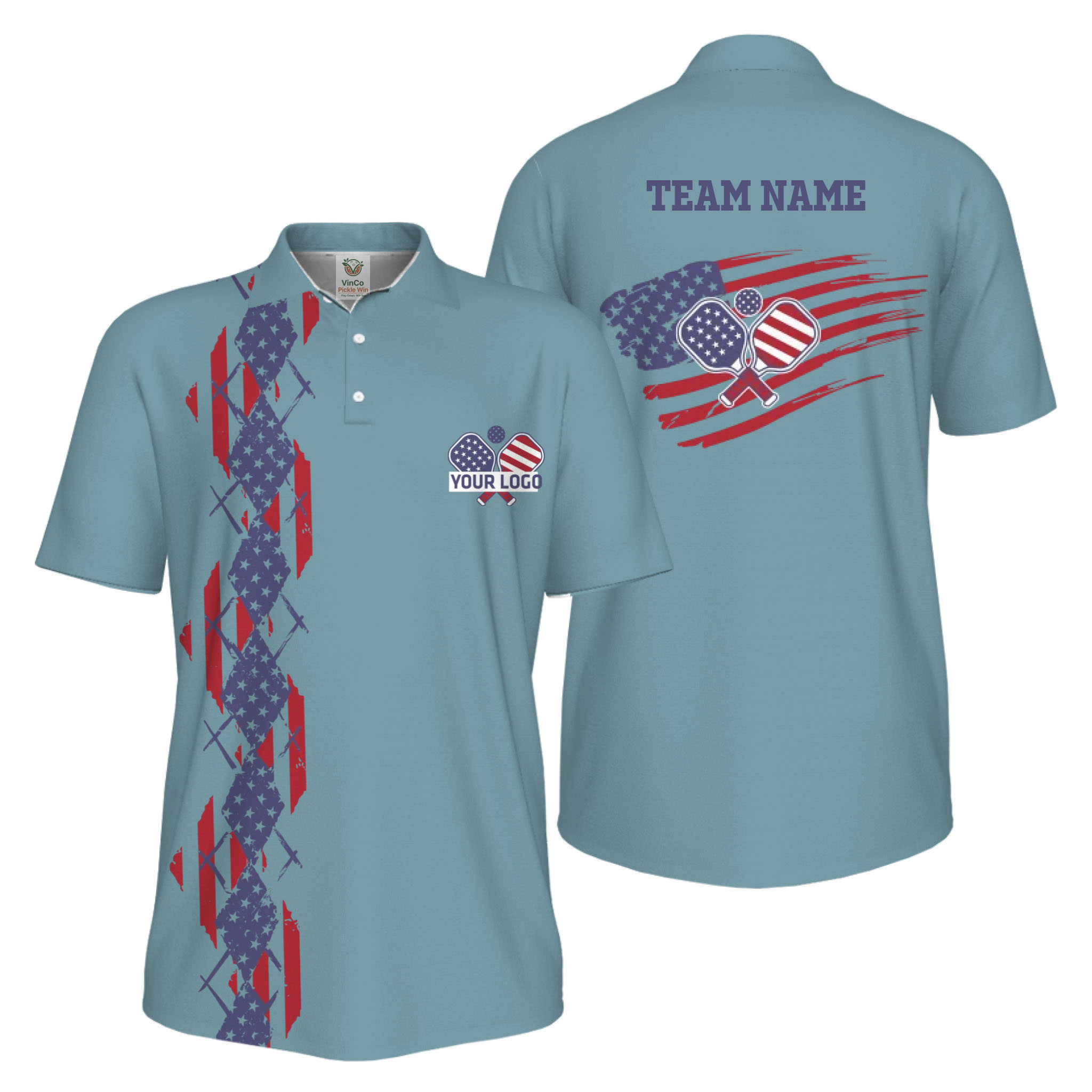 Picklewin Patriotic Pickleball Logo US Flag UV Protection Polo Shirt Men  - alternate