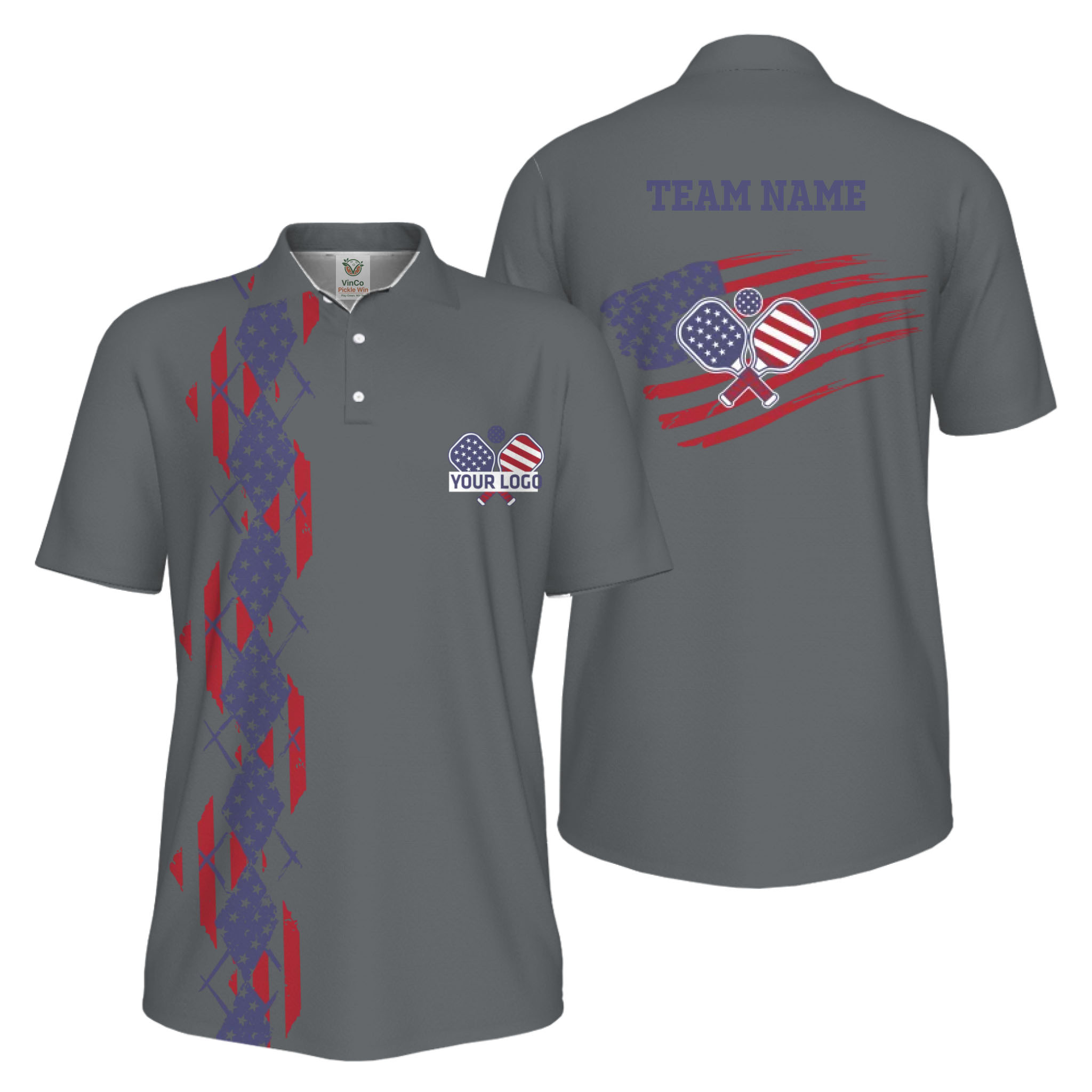 Picklewin Patriotic Pickleball Logo US Flag UV Protection Polo Shirt Men 