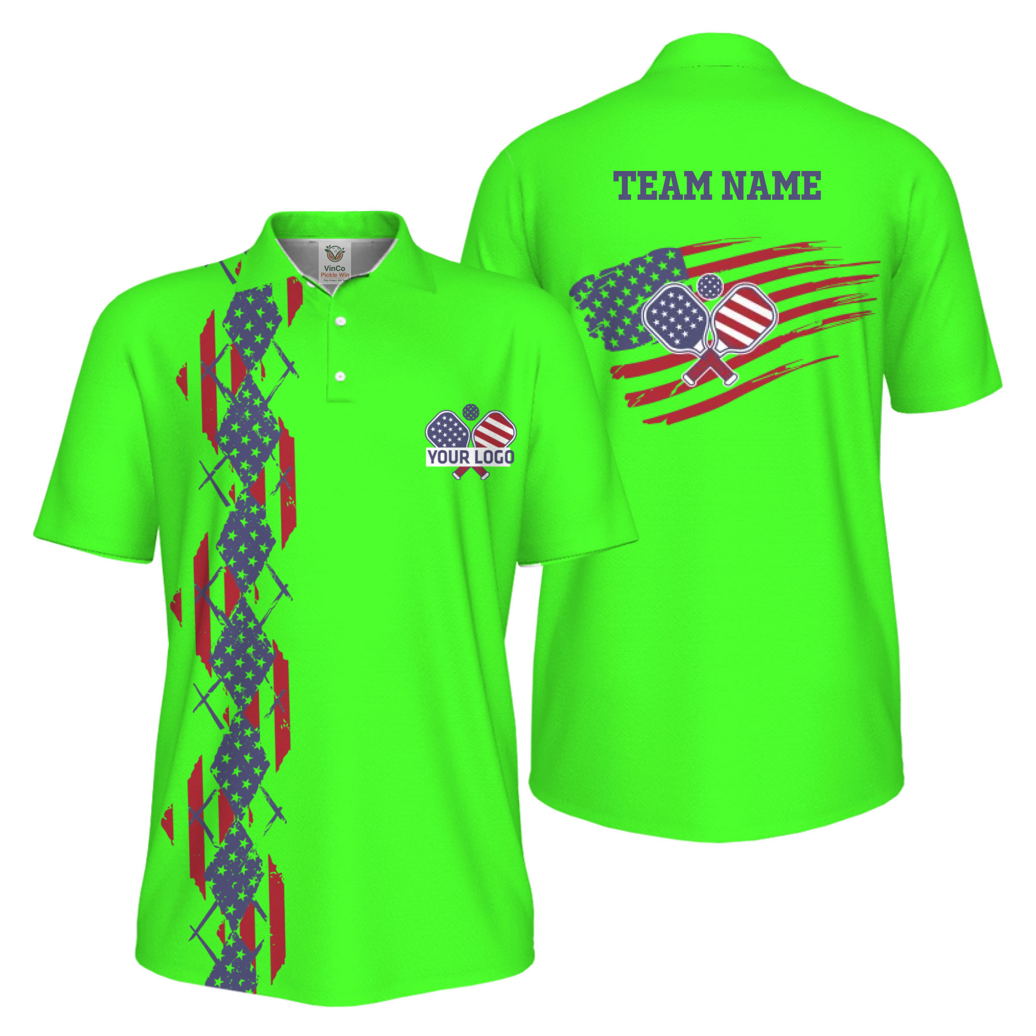 Picklewin Patriotic Pickleball Logo US Flag UV Protection Polo Shirt Men 