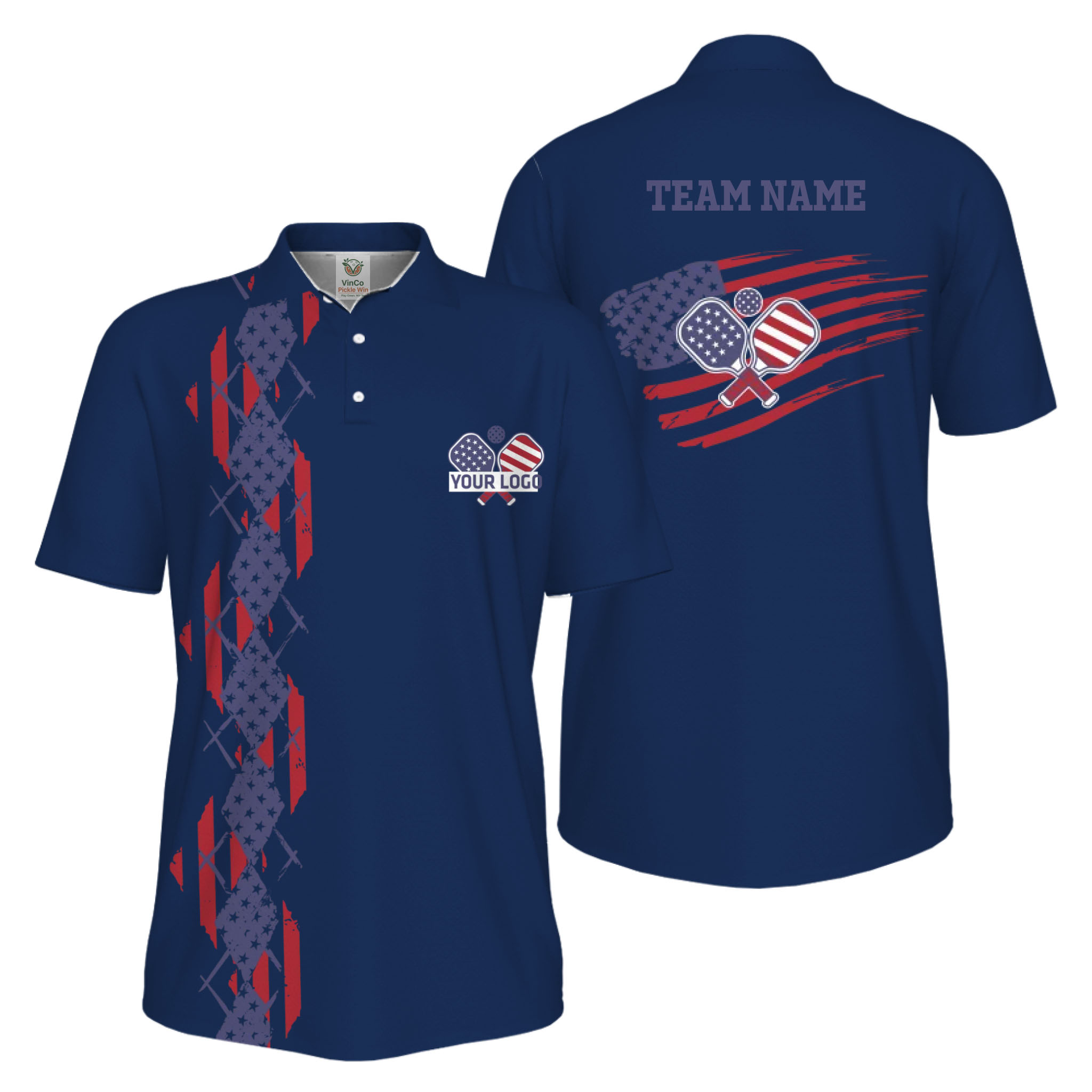 Picklewin Patriotic Pickleball Logo US Flag UV Protection Polo Shirt Men 