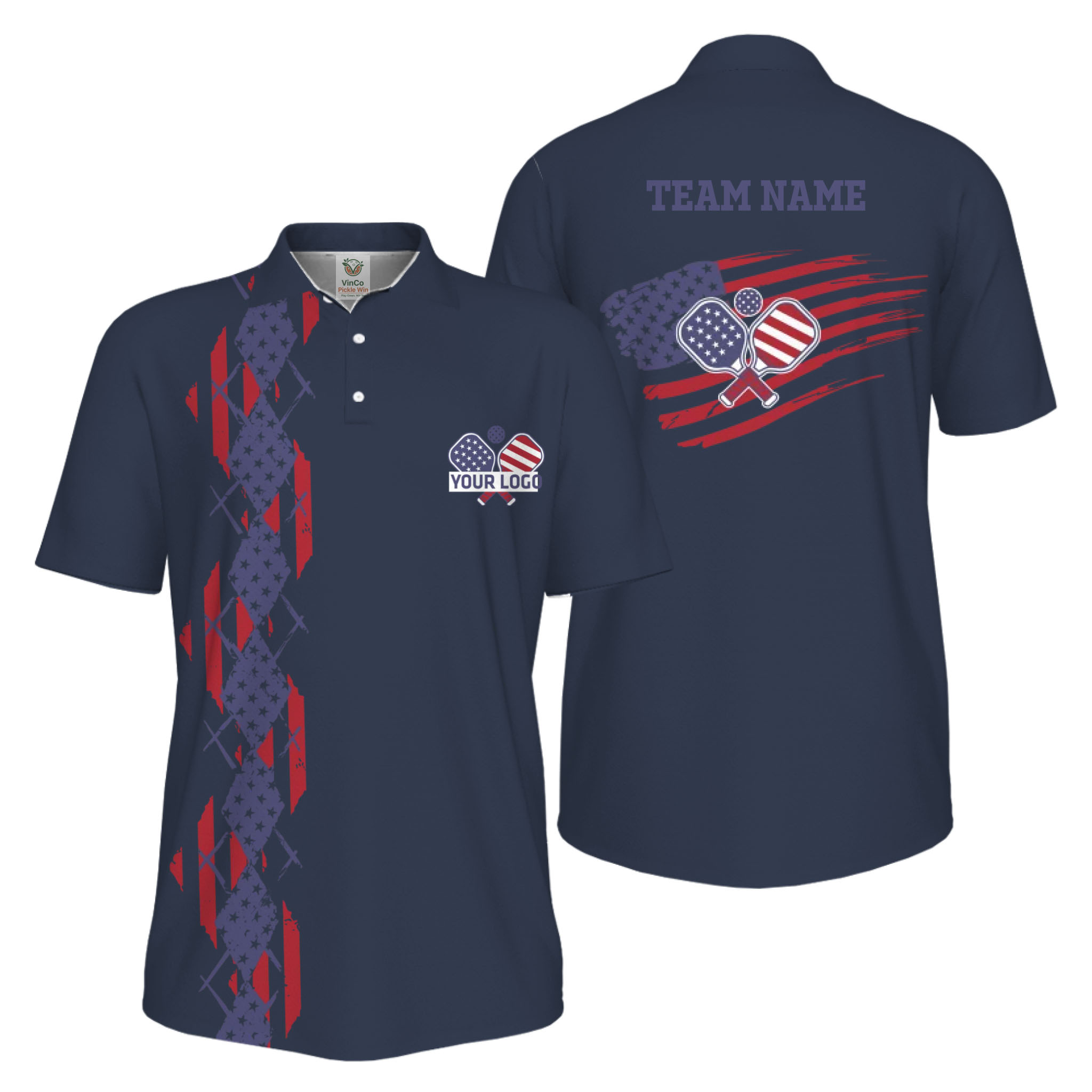 Picklewin Patriotic Pickleball Logo US Flag UV Protection Polo Shirt Men 