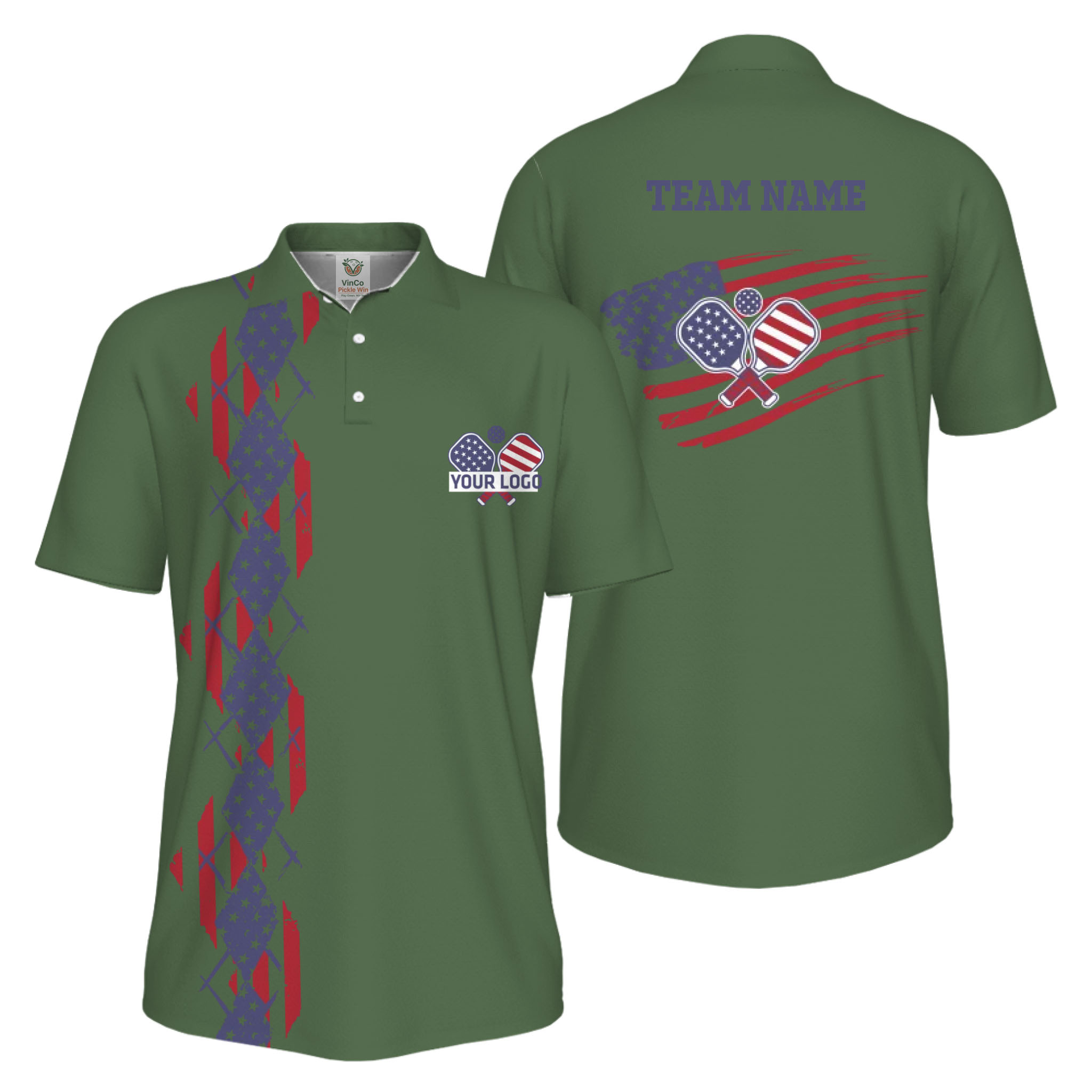 Picklewin Patriotic Pickleball Logo US Flag UV Protection Polo Shirt Men 