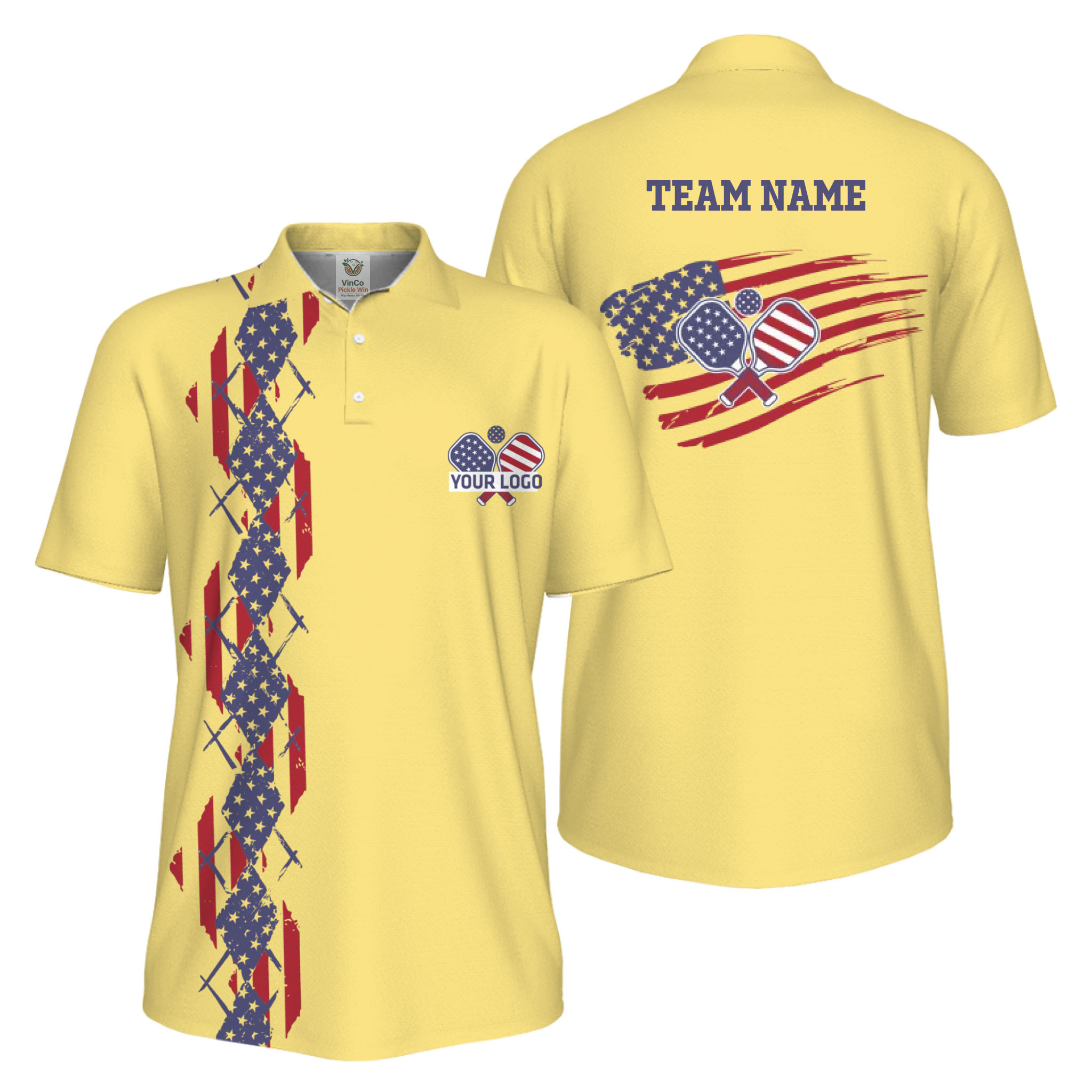 Picklewin Patriotic Pickleball Logo US Flag UV Protection Polo Shirt Men 