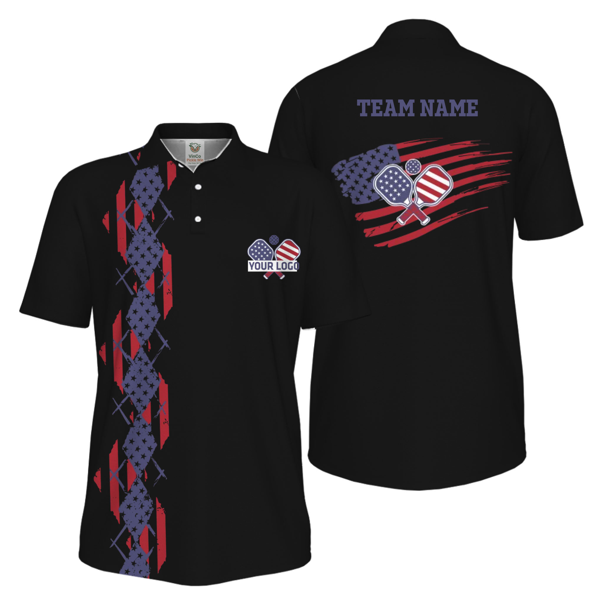 Picklewin Patriotic Pickleball Logo US Flag UV Protection Polo Shirt Men 
