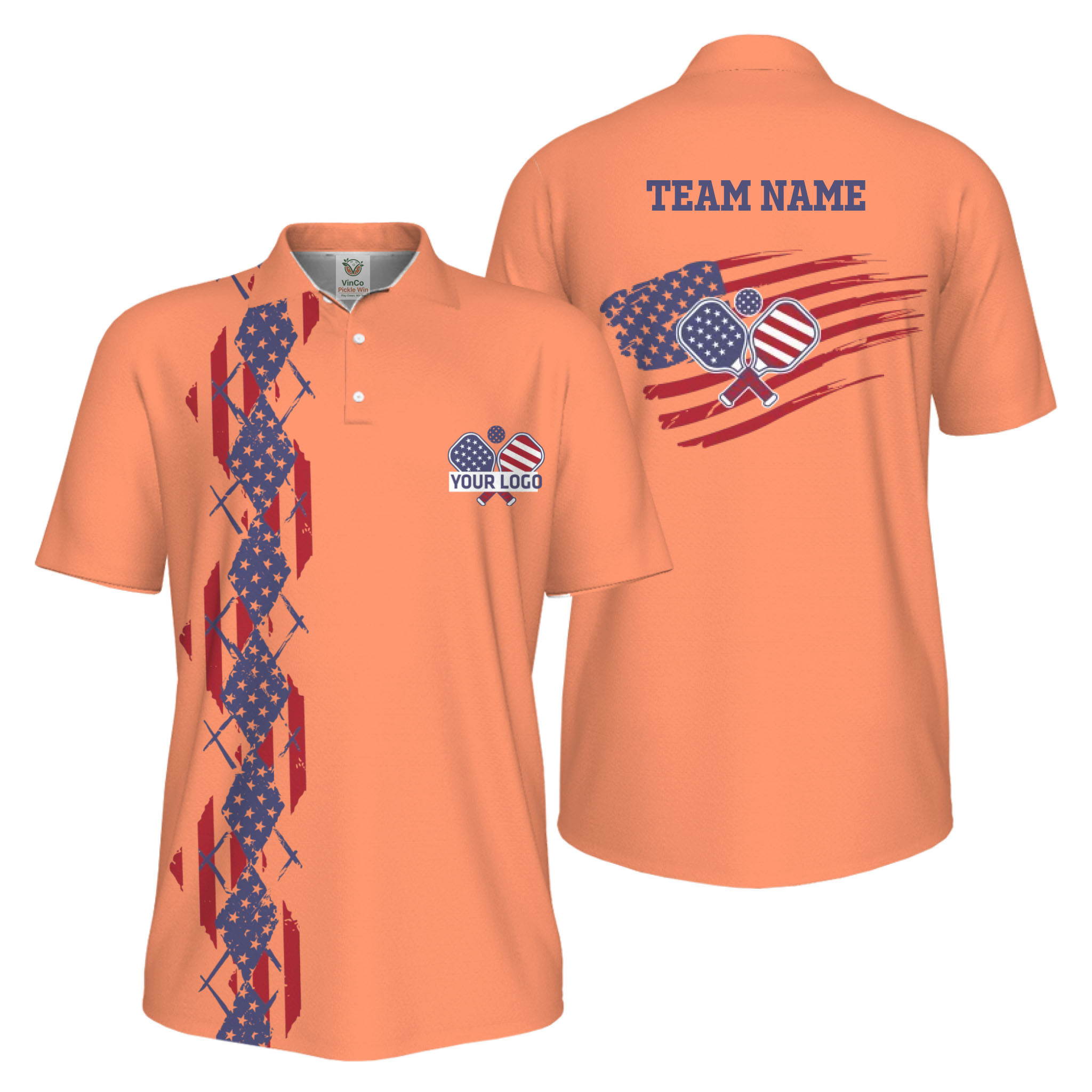 Picklewin Patriotic Pickleball Logo US Flag UV Protection Polo Shirt Men 