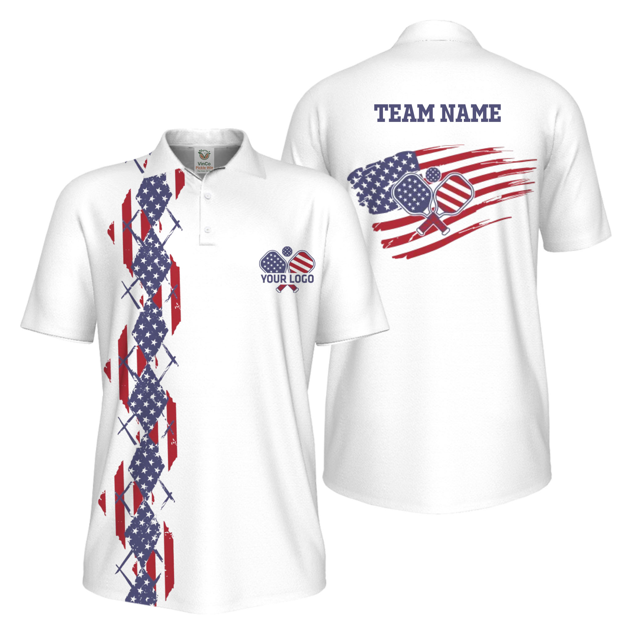 Picklewin Patriotic Pickleball Logo US Flag UV Protection Polo Shirt Men 