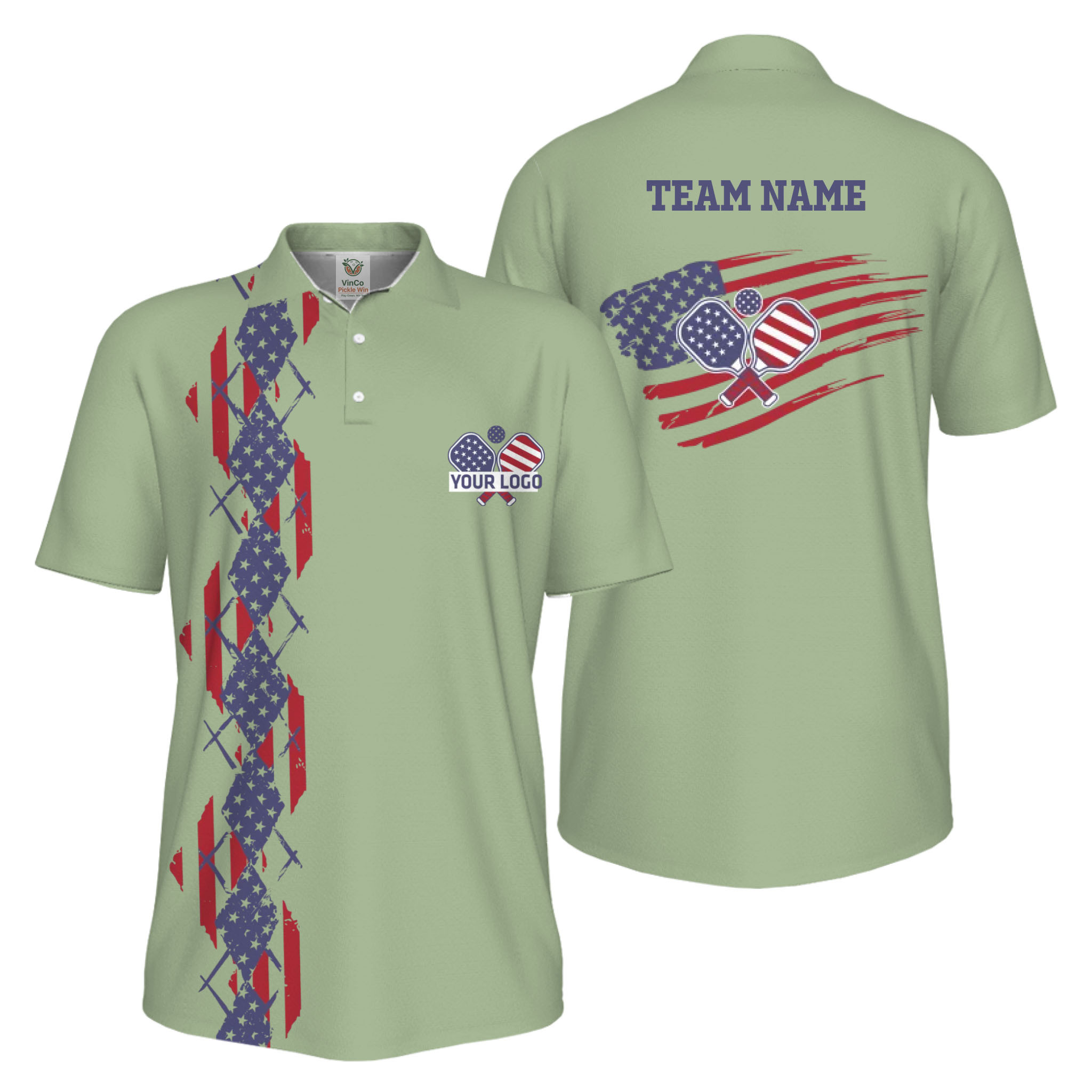Picklewin Patriotic Pickleball Logo US Flag UV Protection Polo Shirt Men 