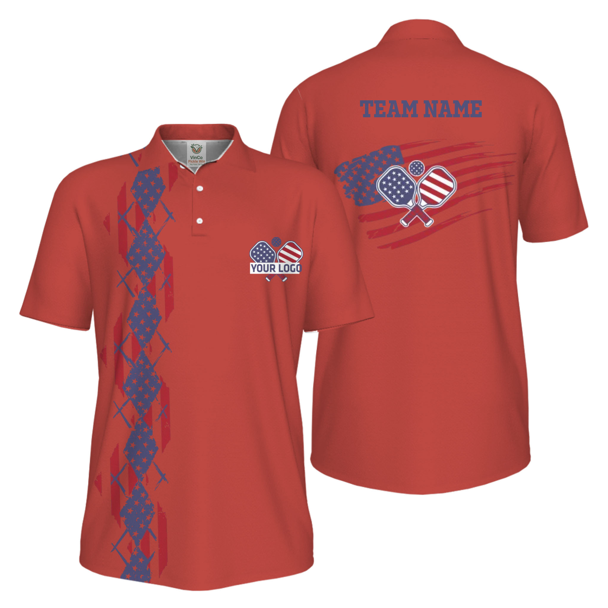 Picklewin Patriotic Pickleball Logo US Flag UV Protection Polo Shirt Men 